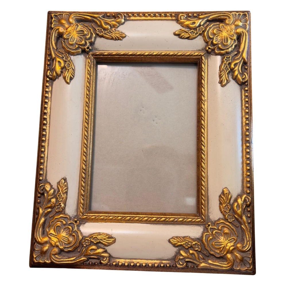 Ornate Vintage Floral Picture Frame Gold Cream Easel Stand 5x7 Inch Display Lux
